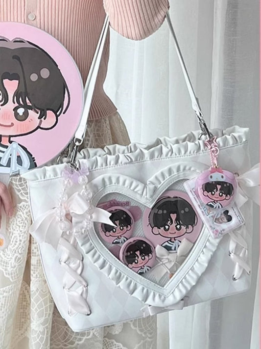 Pink Diamond Pattern Lace-up Design Ruffles Trim Heart PU Tota Ita Bag