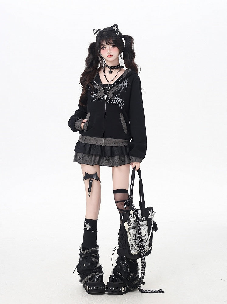 Y2K Black Distressed Holes Zip-up Hooded Jacket