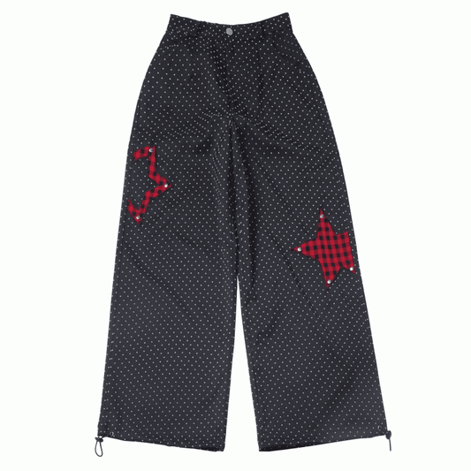Red Plaid Star Applique Drawstring Cuffs Black Polka Dot Casual Pants