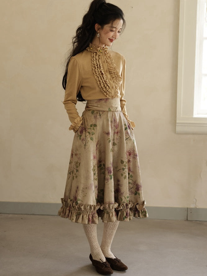 Vintage Purple Floral Print Ruffle Trim High Waist Skirt