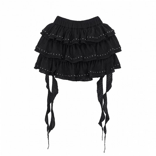 Black Cascading Ruffles Stud Details Balletcore Tiered Skirt