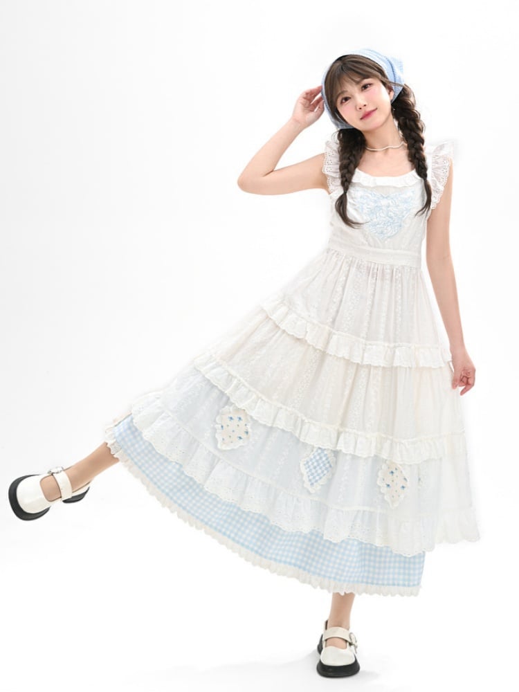 Blue Embroidery Plaid Patch White Flutter Sleeves Lace Trim Tiered Skirt Cutton Overdress