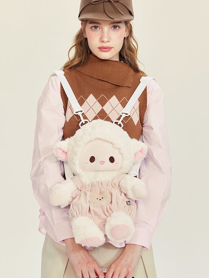 White&Pink Cute Plush Lamb Backpack + Overall Pants Middle/Large Size