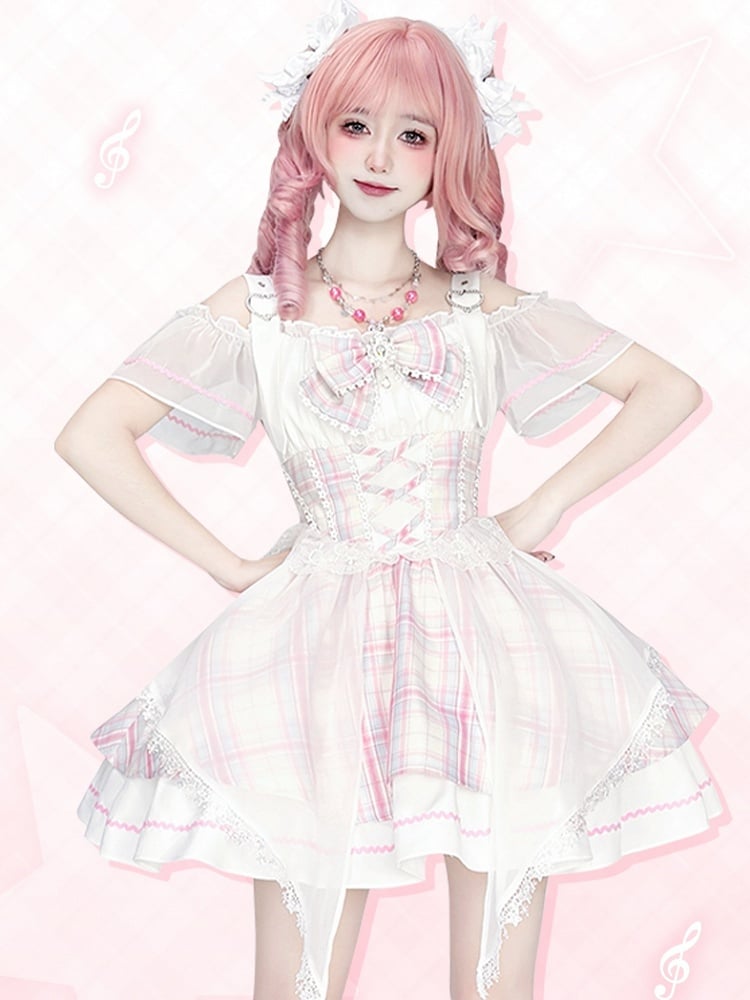 Pink Plaid Off-the-shoulder Neckline Sweet Idol Lolita Jumper Skirt with Free Bowtie