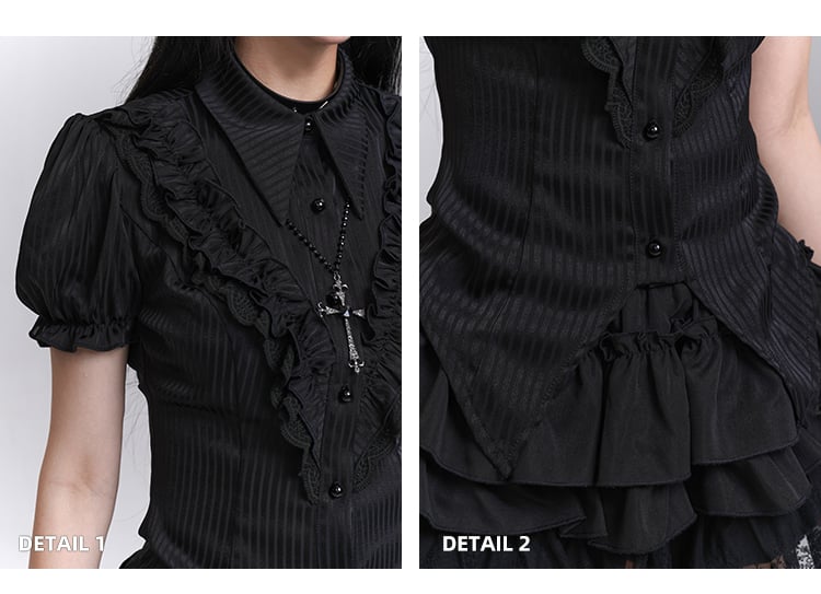 Black Striped Pattern Pointed Flat Collar Curved Hem Gothic Puff Sleeves Blouse
