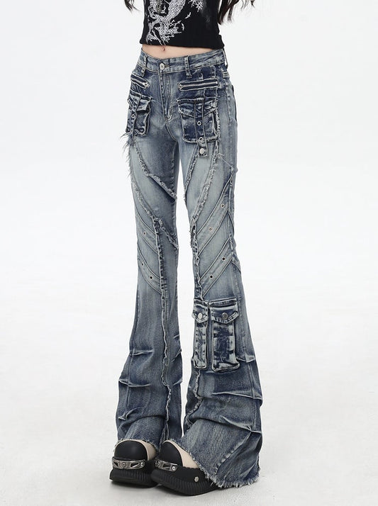 Y2K Blue Low Rise Raw Hem Faded Wash Flared Cargo Jeans