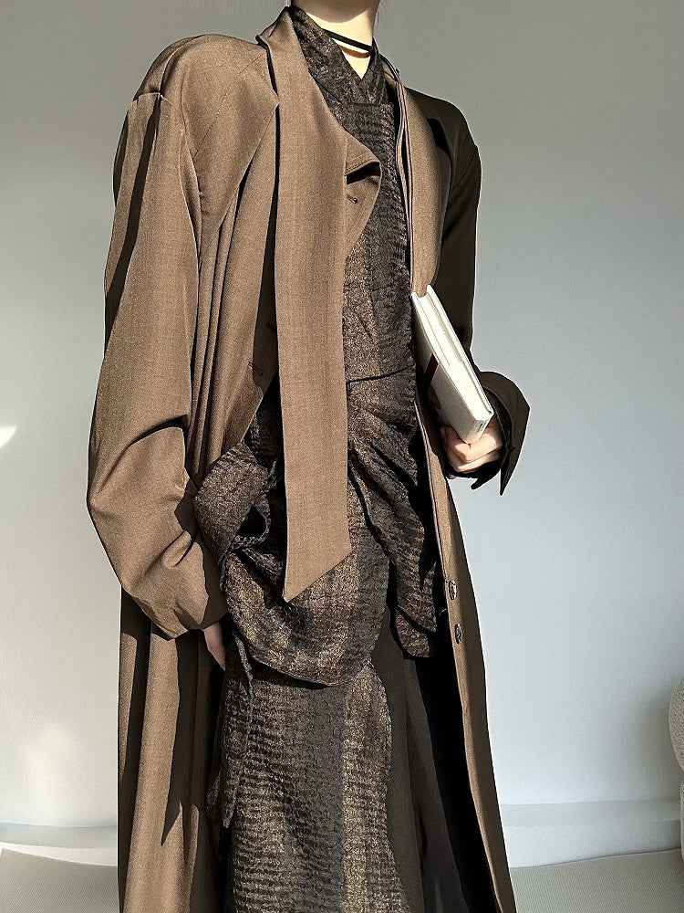 Ouji Lolita Coffee Vintage Long Trench Coat with Tie Neck & Button Cuffs