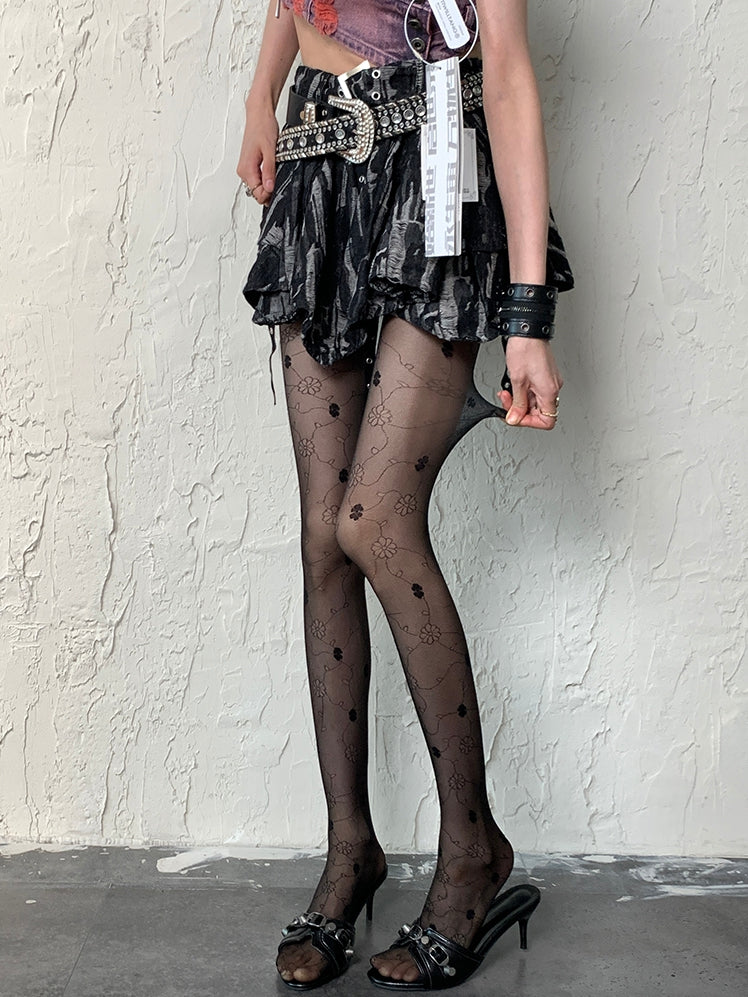 Black Y2K Floral Pattern Tights