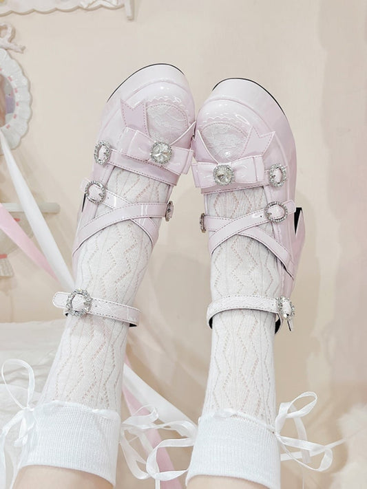 Polished Pink Jirai Kei Bow Rhinestone Platform High Block Heels