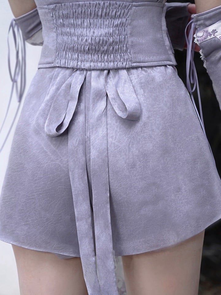 Purple Puff Sleeves Cutout Short Qipao Dress Shorts Lined