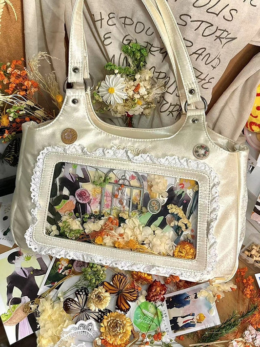 Kawaii Satin Lace Trim Creamy White Daily Ita bag with Card Holder Charm