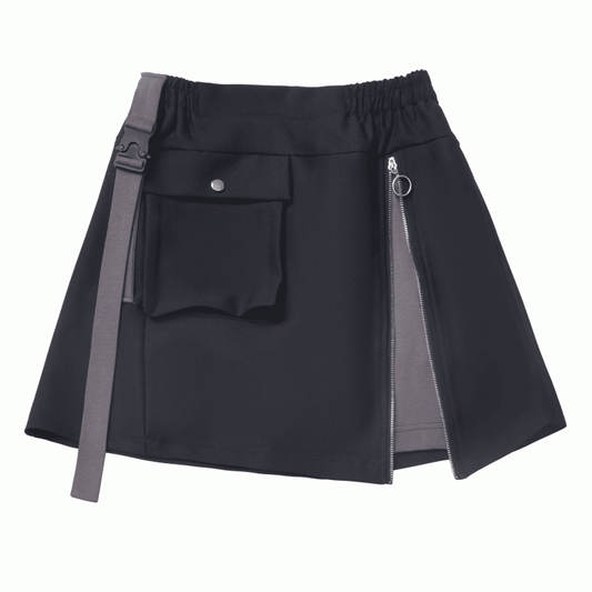 Black and Gray Snap and Zipper Detail Techwear Skirt
