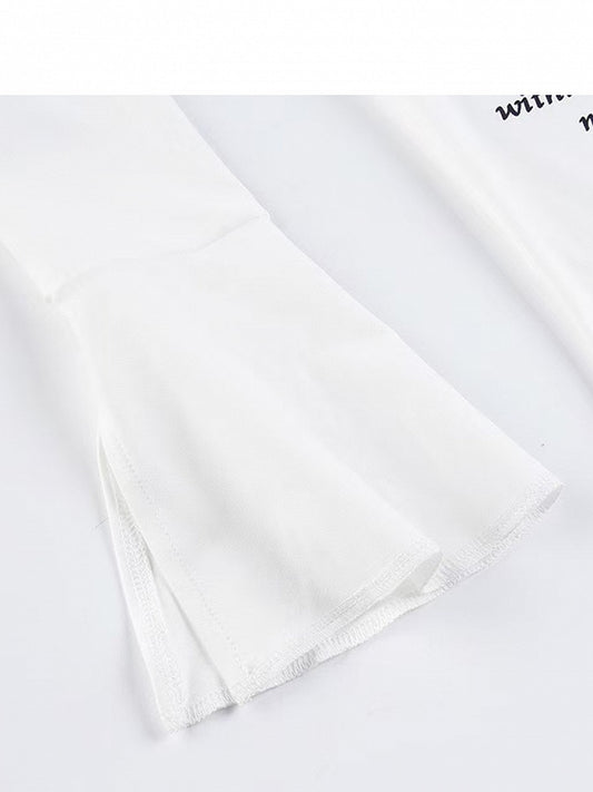 White Bittersweet Letter Print Asymmetrical Hem Bell Sleeves Top