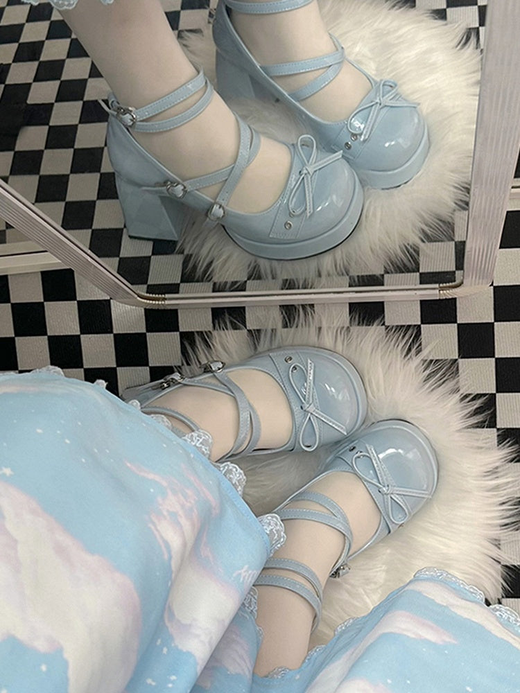 Bowknot at Top Blue High Block Heel Platform Mary Janes