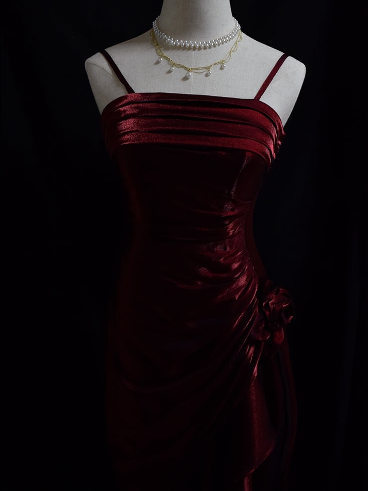 Dark Red Vintage Floral Dress Asymmetrical Hem Prom Gown