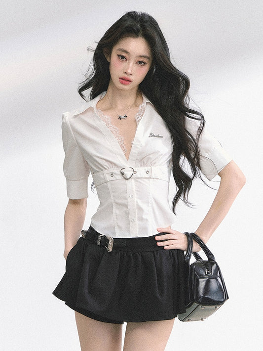 Black Stripes/White V-neck Heart Buckle Strap Short Sleeves Shirt