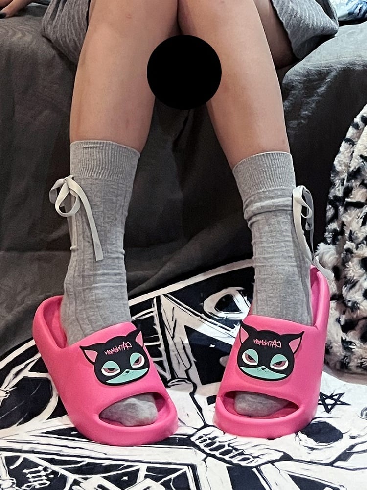Pink Gothic Summer Slippers With Black Pink and Green Cat Applique