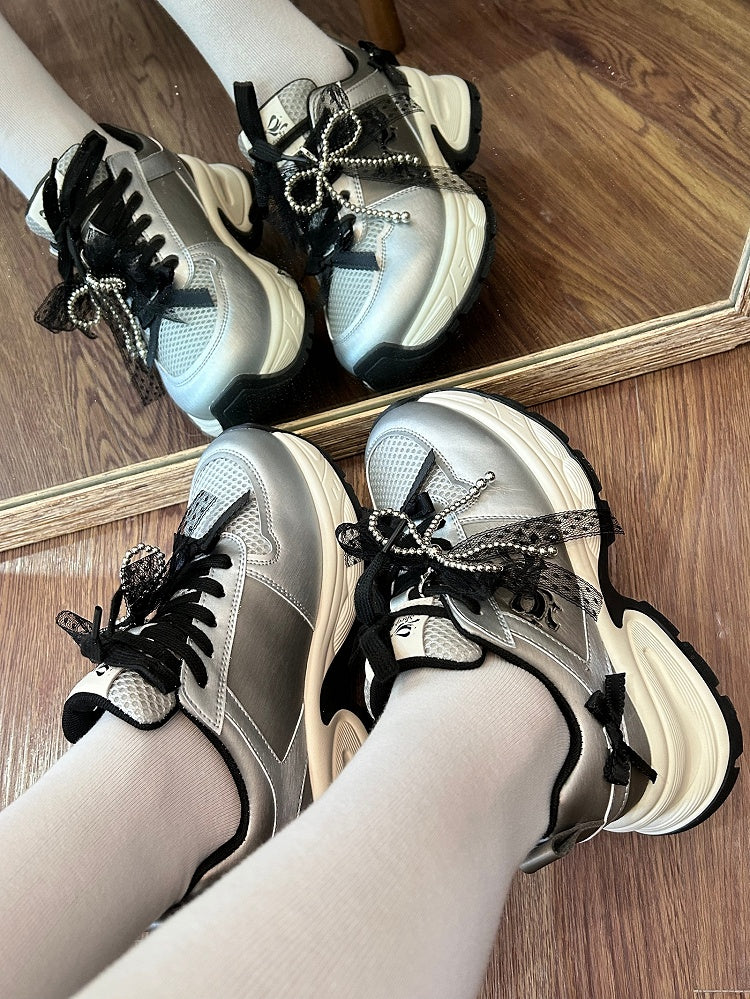 Black Beaded Decorated Bowknot Details Front Lace-up Ties Sneakers