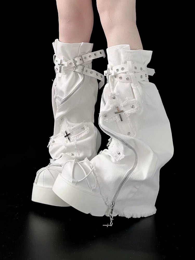 White Star Design Straps Punk Platform Shoes with Silver-tone Studs and Chains