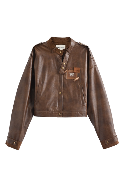 Brown Badge Appliques Vintage PU Jacket for Autumn