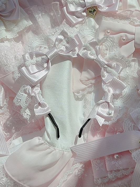 Pink Heart Decorated Striped Pattern Bowknot Details Lace Trim KC