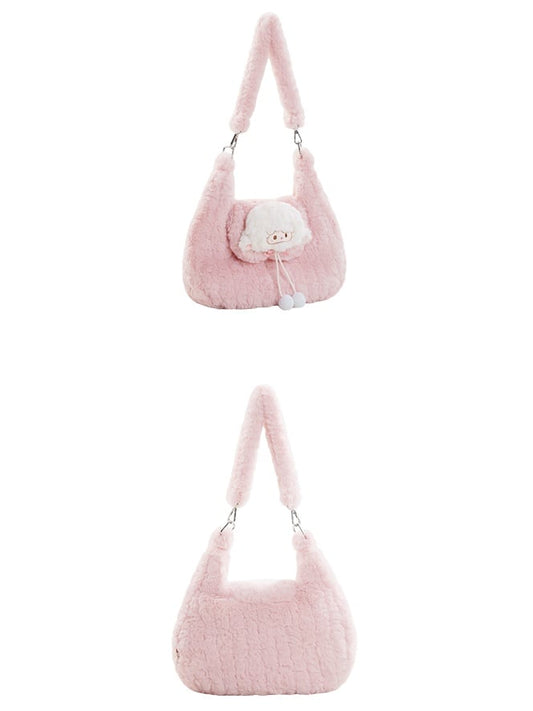 Pink Cute Little Lamb Plush Shoulder Bag With Pompons