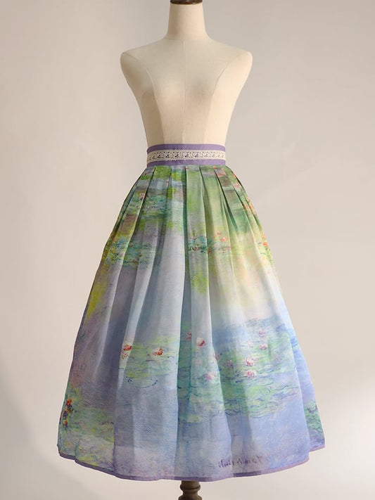 Water Lily Oil Painting Print Gray and Purple High Waist Skirt Long/Short Version