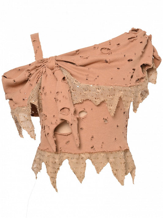 Light Brown Wasteland Punk Distressed Holes Asymmetrical Neckline Top