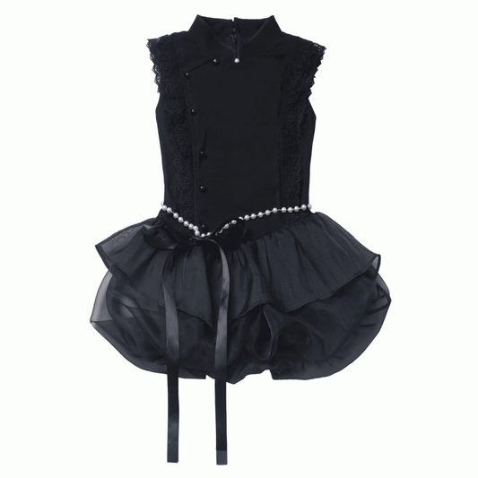Black Cheongsam Style Banded Collar Mini Dress Bubble Skirt with Beaded Waist Chain