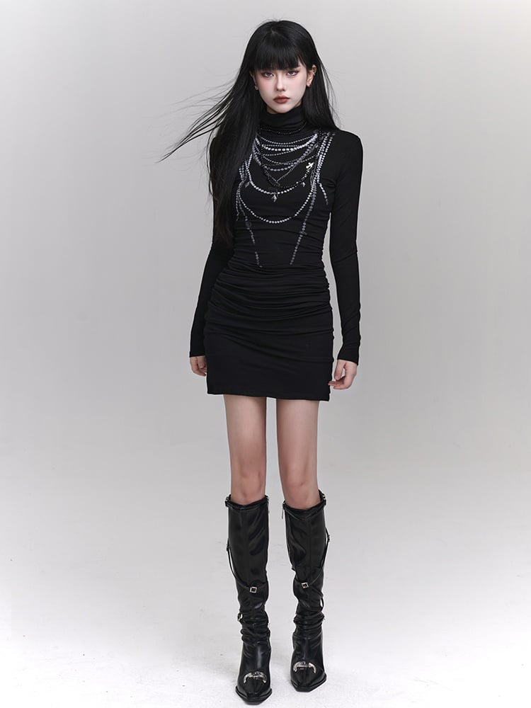 Black High Neck Beaded Chain Print Slim-fitting Dress