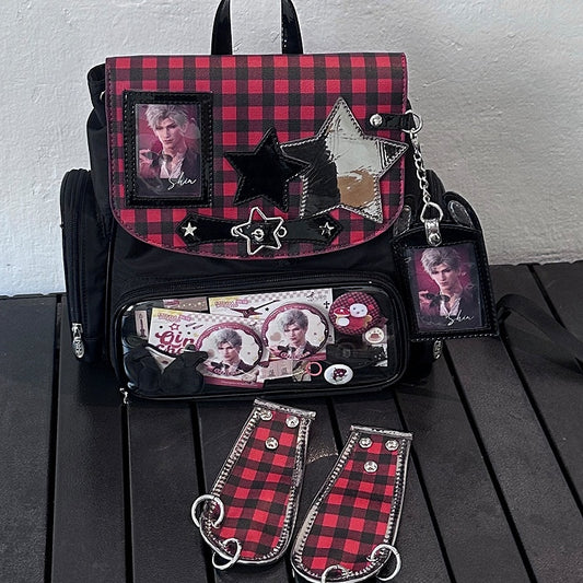 Black And Red Detachable Bunny Ear Ita Backpack With Card Holder Charm