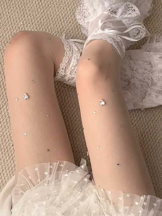 White Rhinestone Decorated Tights