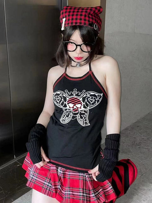 Butterfly Skull Print Black Halter Neck Cami Top