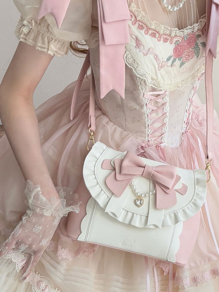 Elegant Lolita Pink & White Hand/Crossbody Bay - Crystal Heart Charm with Beaded Chain Bow & Dual Detachable Straps