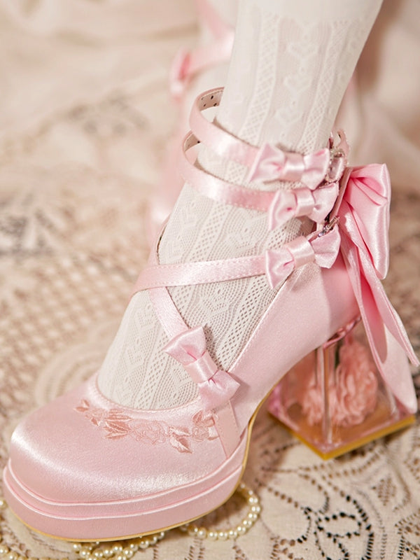 Pink Camellia Flower High Block Heel Elegant Platform High Heels