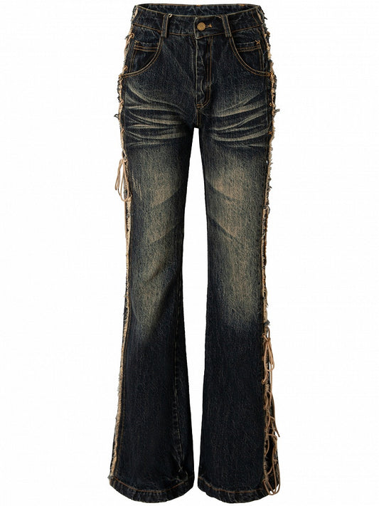 Dark Blue Wasteland Punk Raw Hem Lace-up Detail Fishtail Jeans