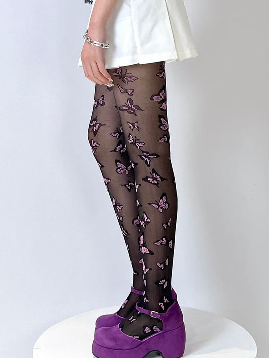 Black Y2K Butterfly Embroidered Tights