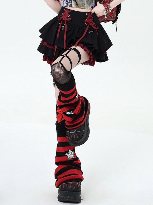 Lace-up Details at Waist Y2K Black and Red Punk Rock Tiered Skirt