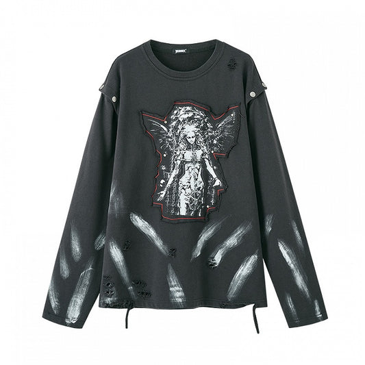 Applique Design Black Cutout Shoulder Faded Wash Distressed Sweatshirt