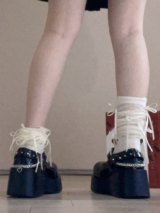 Gothic Black T-strap Platforms with Sweetheart Charm Chain