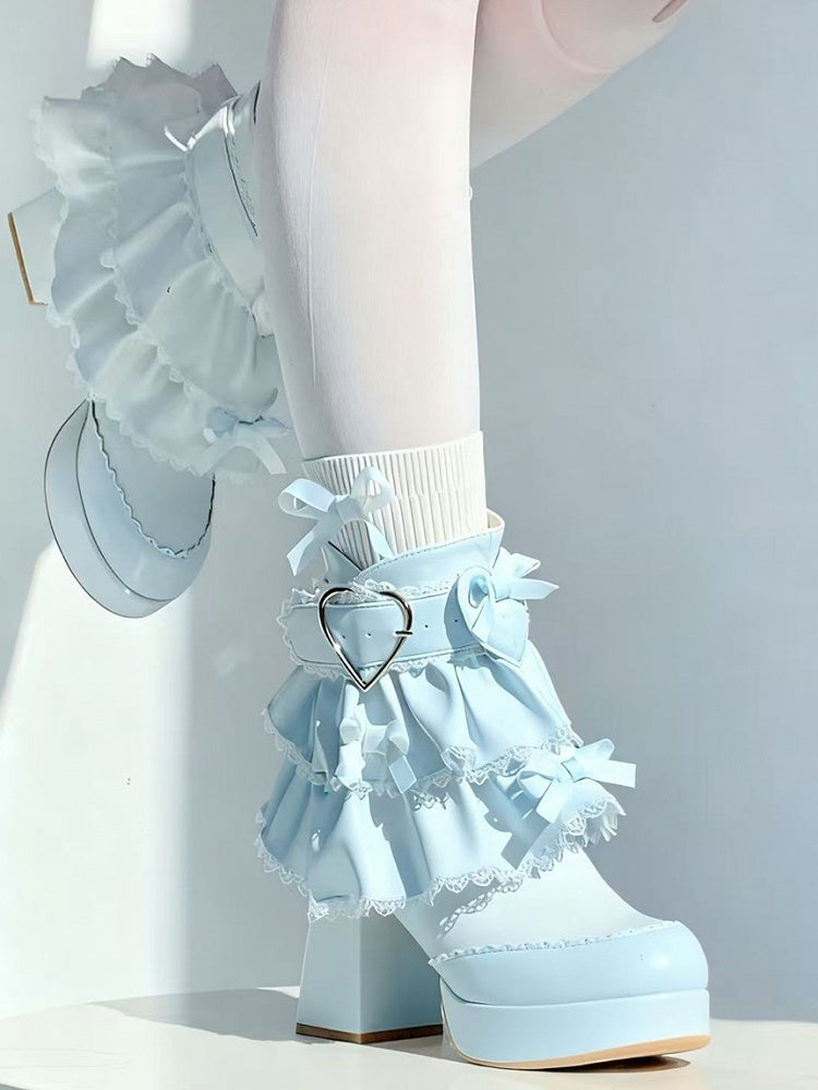 High Block Heel Blue PU Leather Boots - Interchangeable Ruffled Layered & Heart-Shaped Fastener