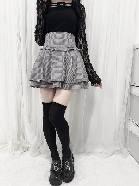 Black Houndstooth Jirai Kei Corset Waist Double-Layered Skirt