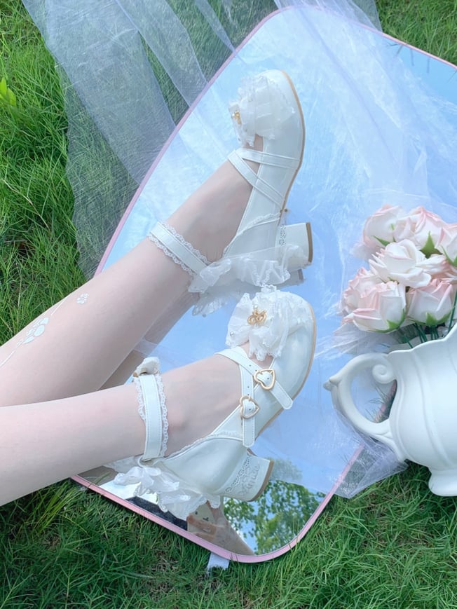 White Beaded Decorated Bow at Top Crisscross Design Lace Trim Sweet Lolita Shoes