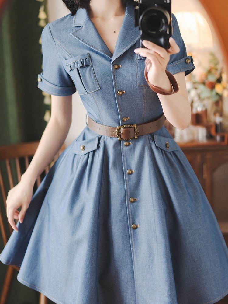 Retro-Style Notched Lapel Short Sleeves Denim Dress with Brown Belt