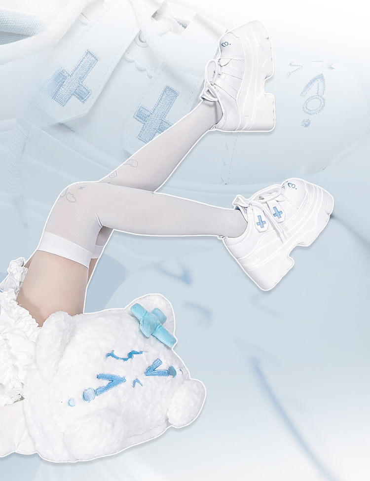 Yami Kawaii Matte White Cross Velcro Strap Kitty Ears Design Platform Shoes