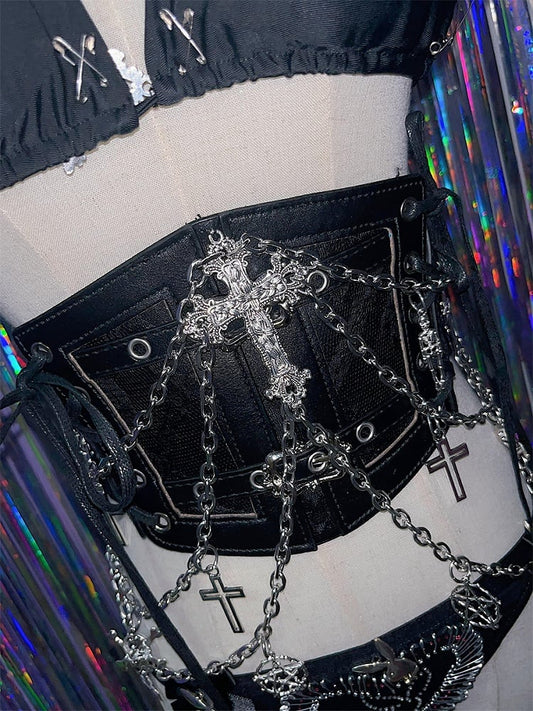 Punk Skulls and Crosses Chains Gothic Black Corset Belt