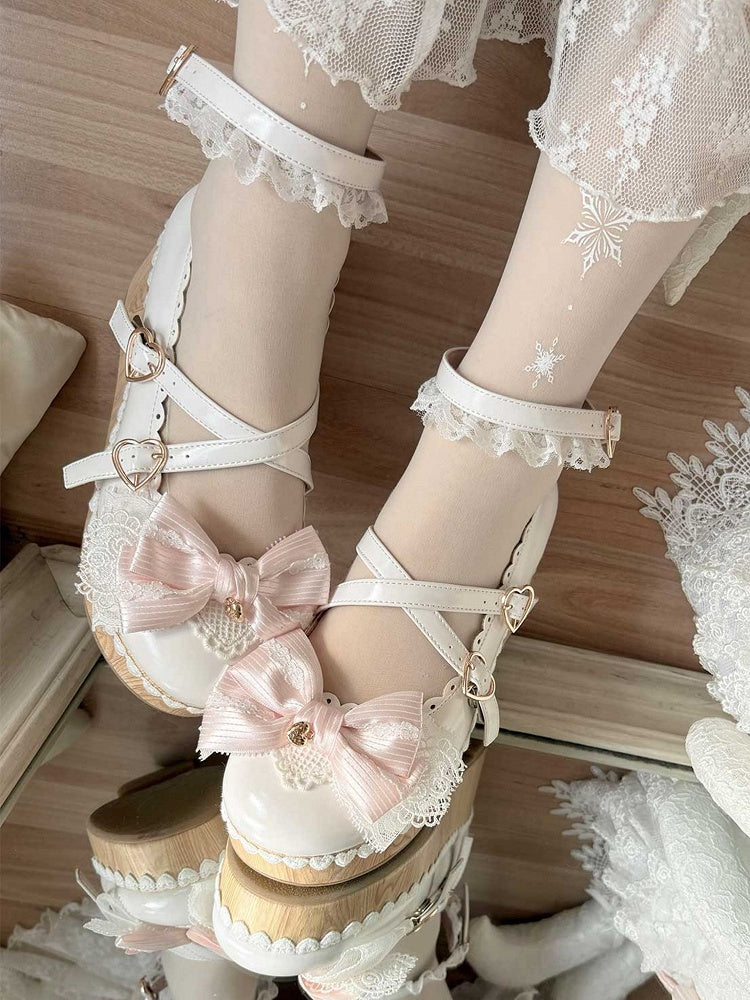 White Bow at Top Crisscross Design Heart Buckles Lace Trim Platforms