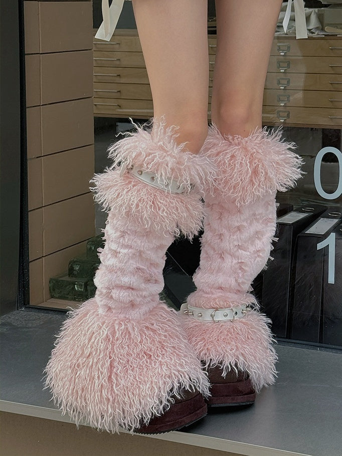 Pink Bowknot Stud Buckle Strap Shaggy Leg Warmers