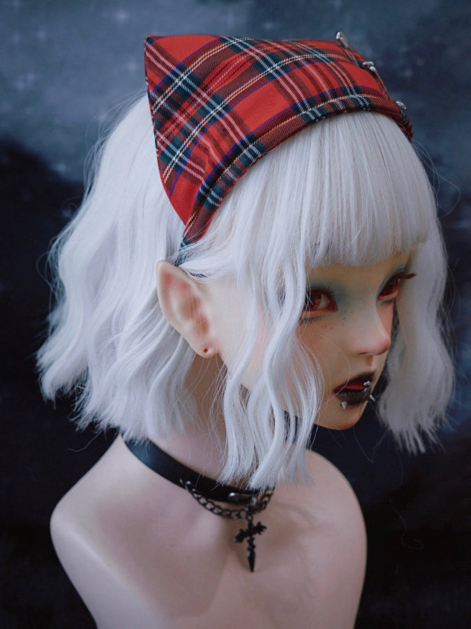 Cross and Pins Red Plaid Goth Punk Triangle Scarf KC