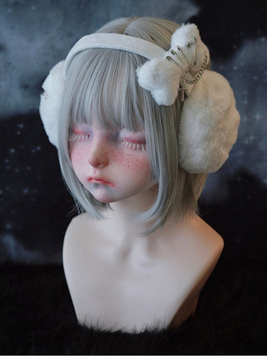 White Handmade Cross and Pins Plush Bone Earmuffs